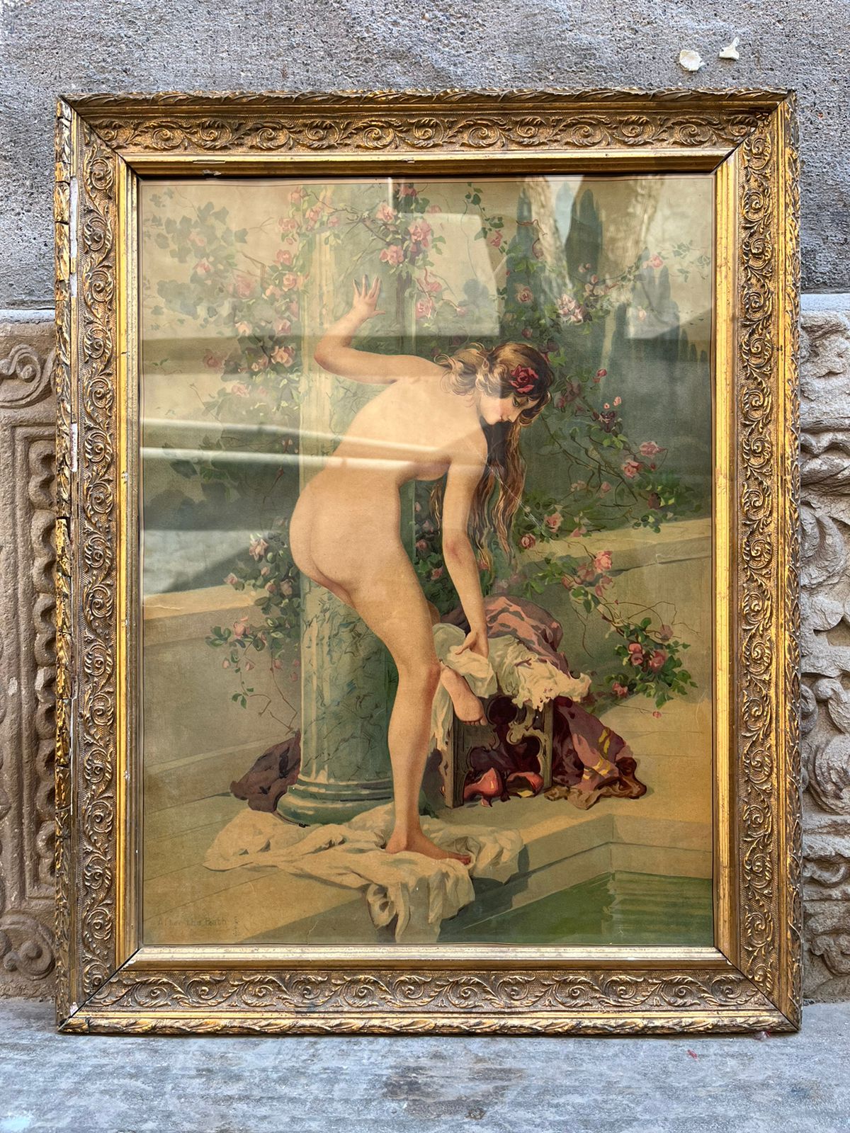 Vintage Semi Nude German Lithograph
