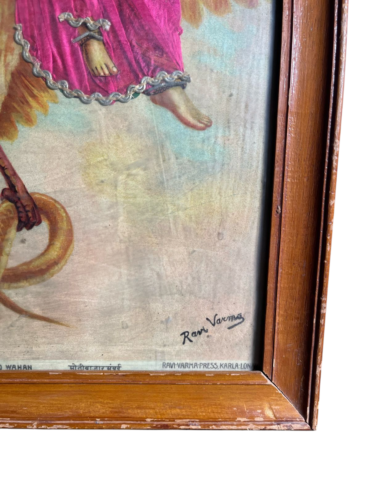 Vintage Raja Ravi Varma Original Oleograph Vishnu Garud Wahan With Zardori Work