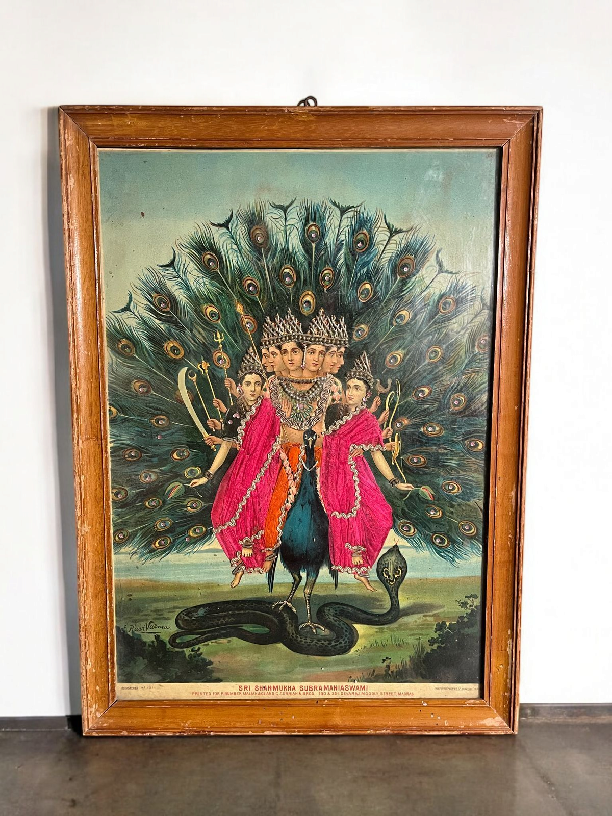 Vintage Original Raja Ravi Varma Oleograph Sri Shanmukha Subramaniaswami With Zardori Work