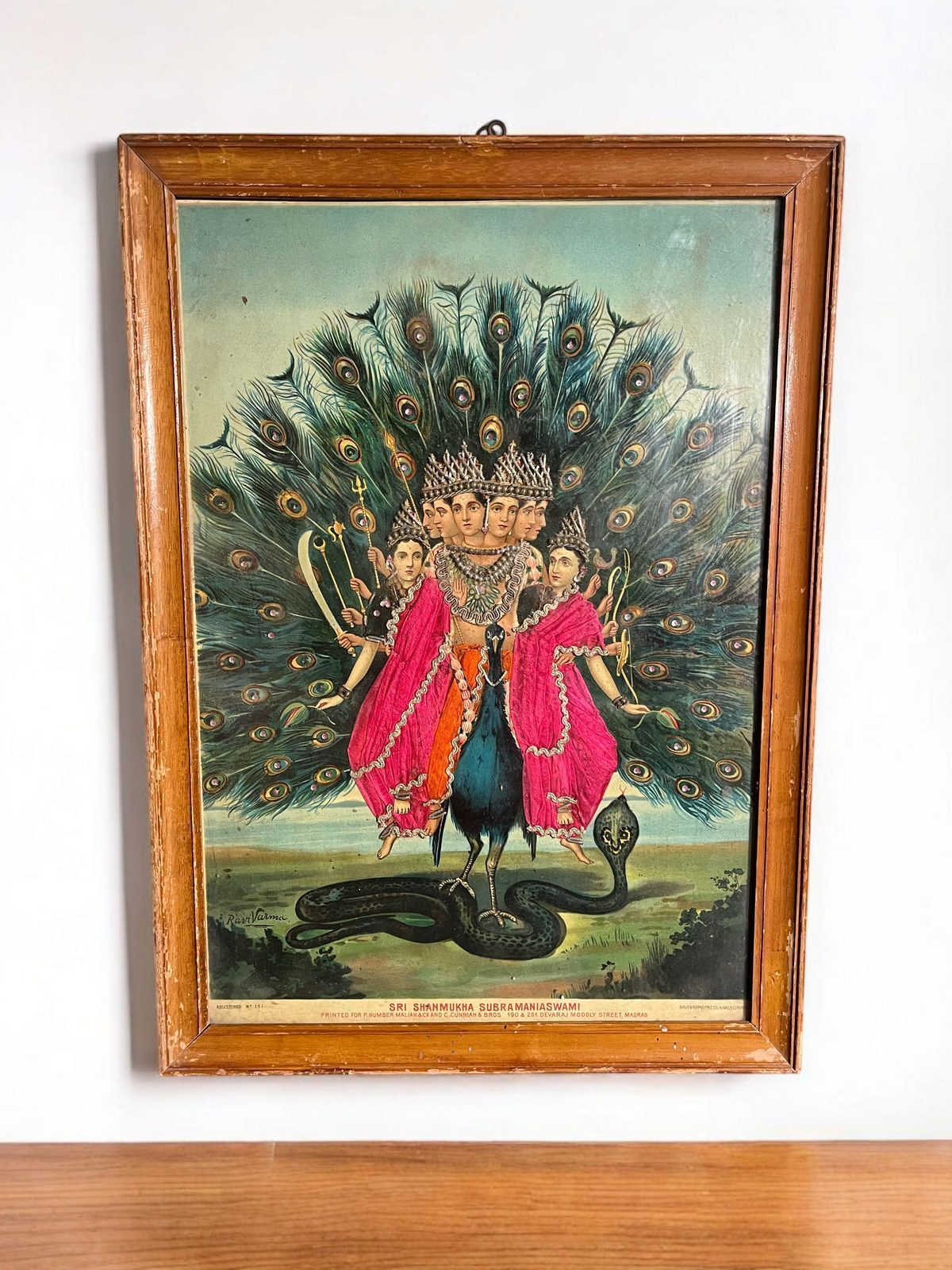 Vintage Original Raja Ravi Varma Oleograph Sri Shanmukha Subramaniaswami With Zardori Work