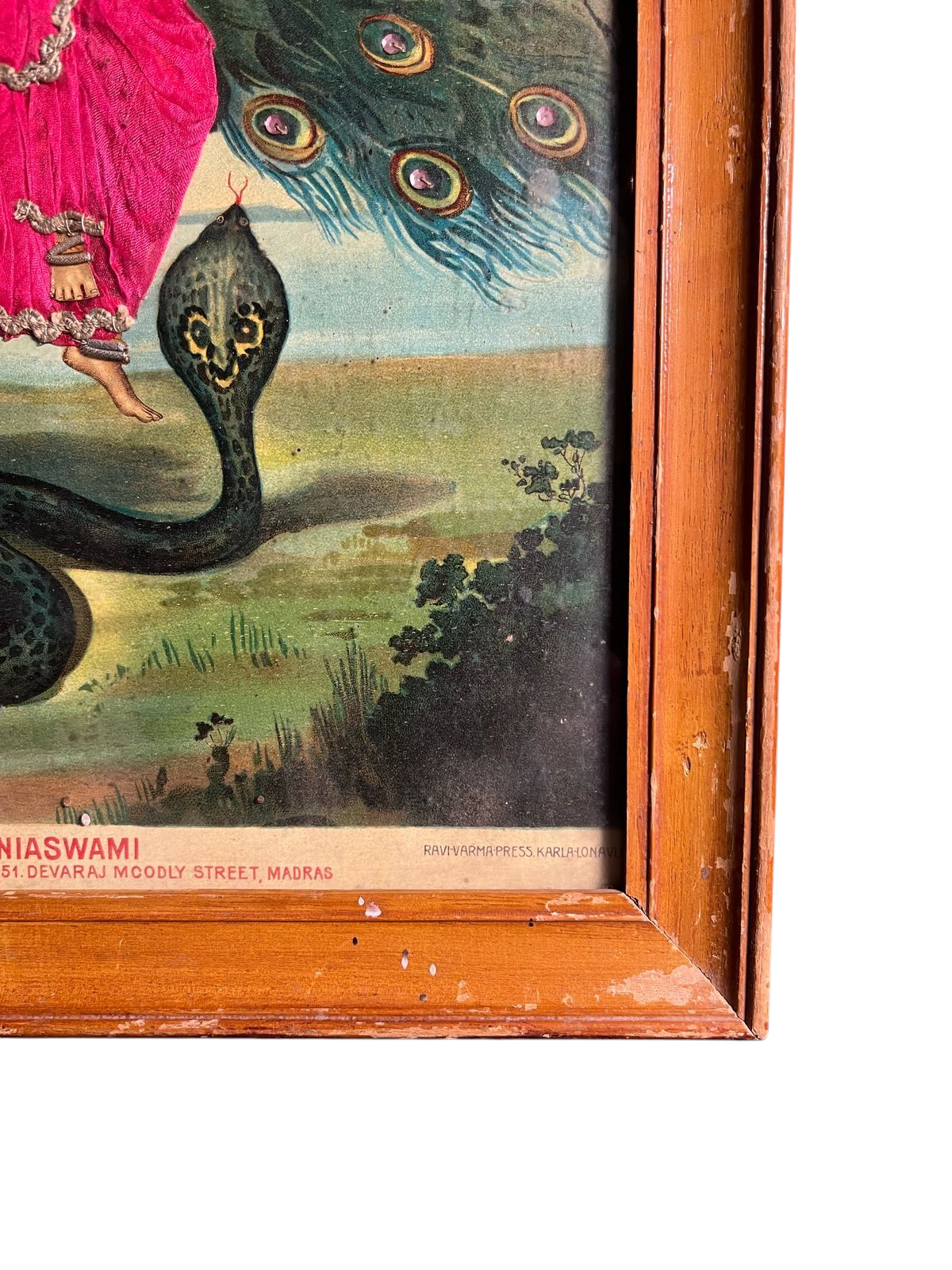 Vintage Original Raja Ravi Varma Oleograph Sri Shanmukha Subramaniaswami With Zardori Work