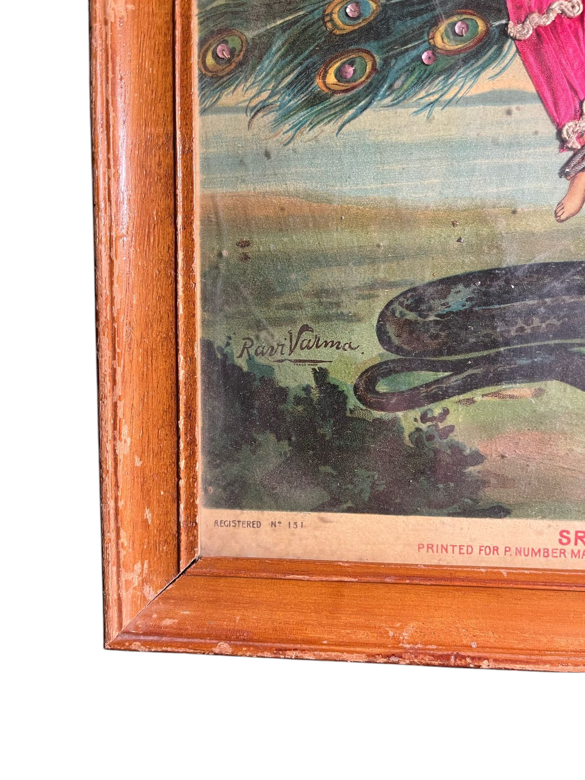 Vintage Original Raja Ravi Varma Oleograph Sri Shanmukha Subramaniaswami With Zardori Work