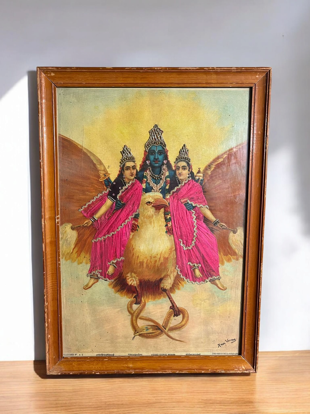 Vintage Raja Ravi Varma Original Oleograph Vishnu Garud Wahan With Zardori Work
