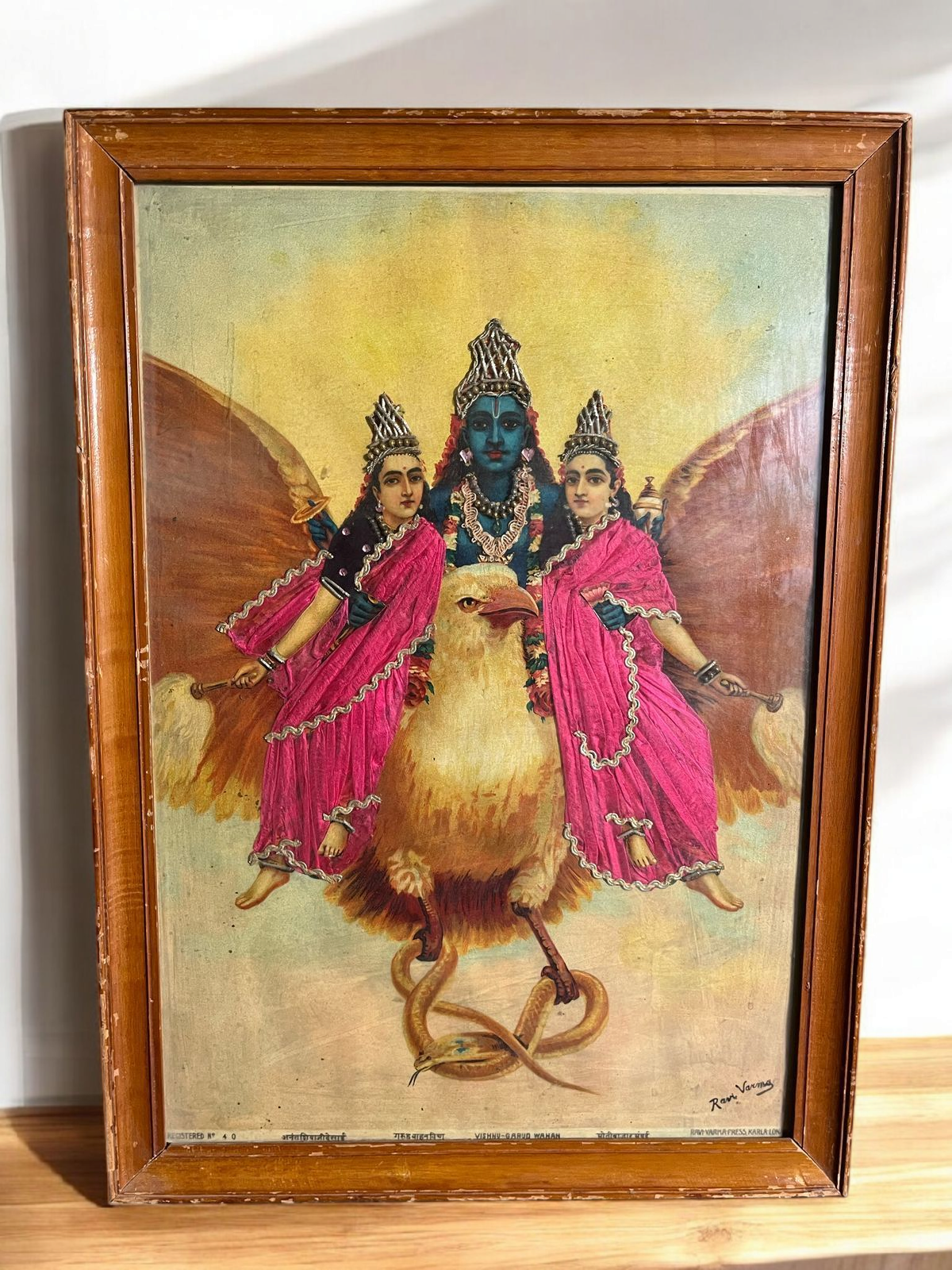 Vintage Raja Ravi Varma Original Oleograph Vishnu Garud Wahan With Zardori Work