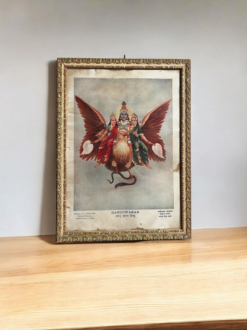 Original Vintage Oleograph – Garudwahan Vishnu (Kanhya Lal Lachhu Mal, Delhi)