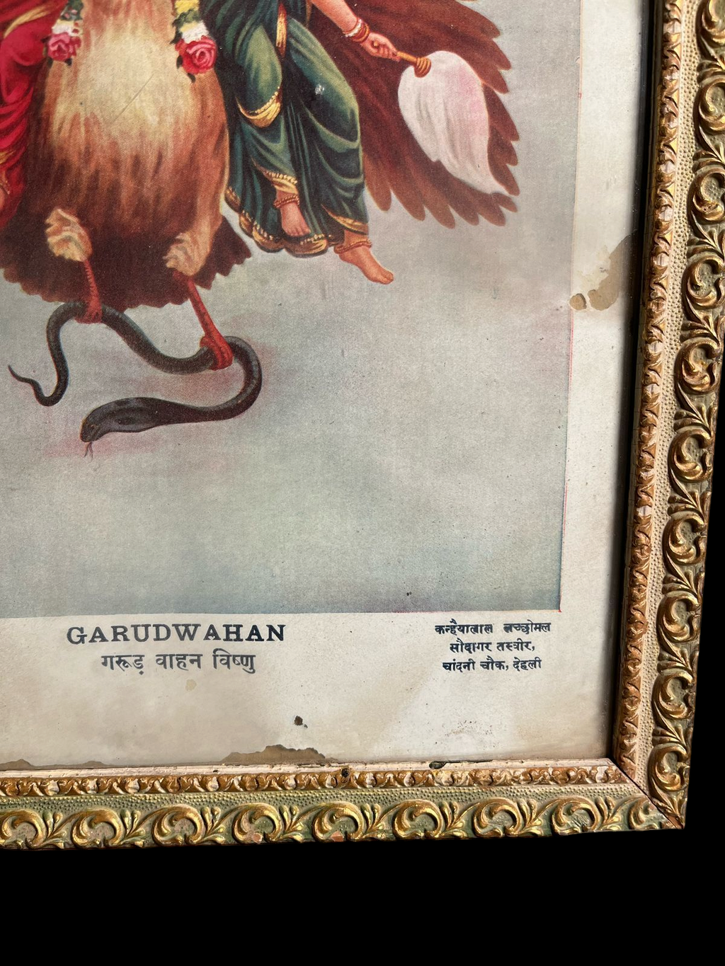 Original Vintage Oleograph – Garudwahan Vishnu (Kanhya Lal Lachhu Mal, Delhi)