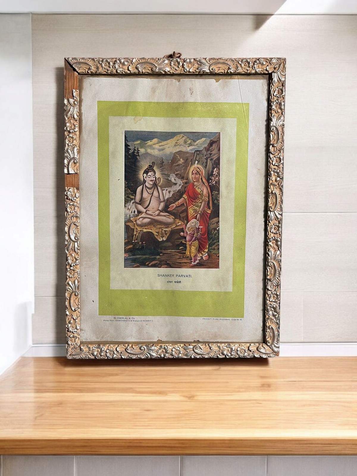 Original Vintage Oleograph – Shanker Parvati With Baby Ganesha (Phoenix P. Works, Ahmedabad)