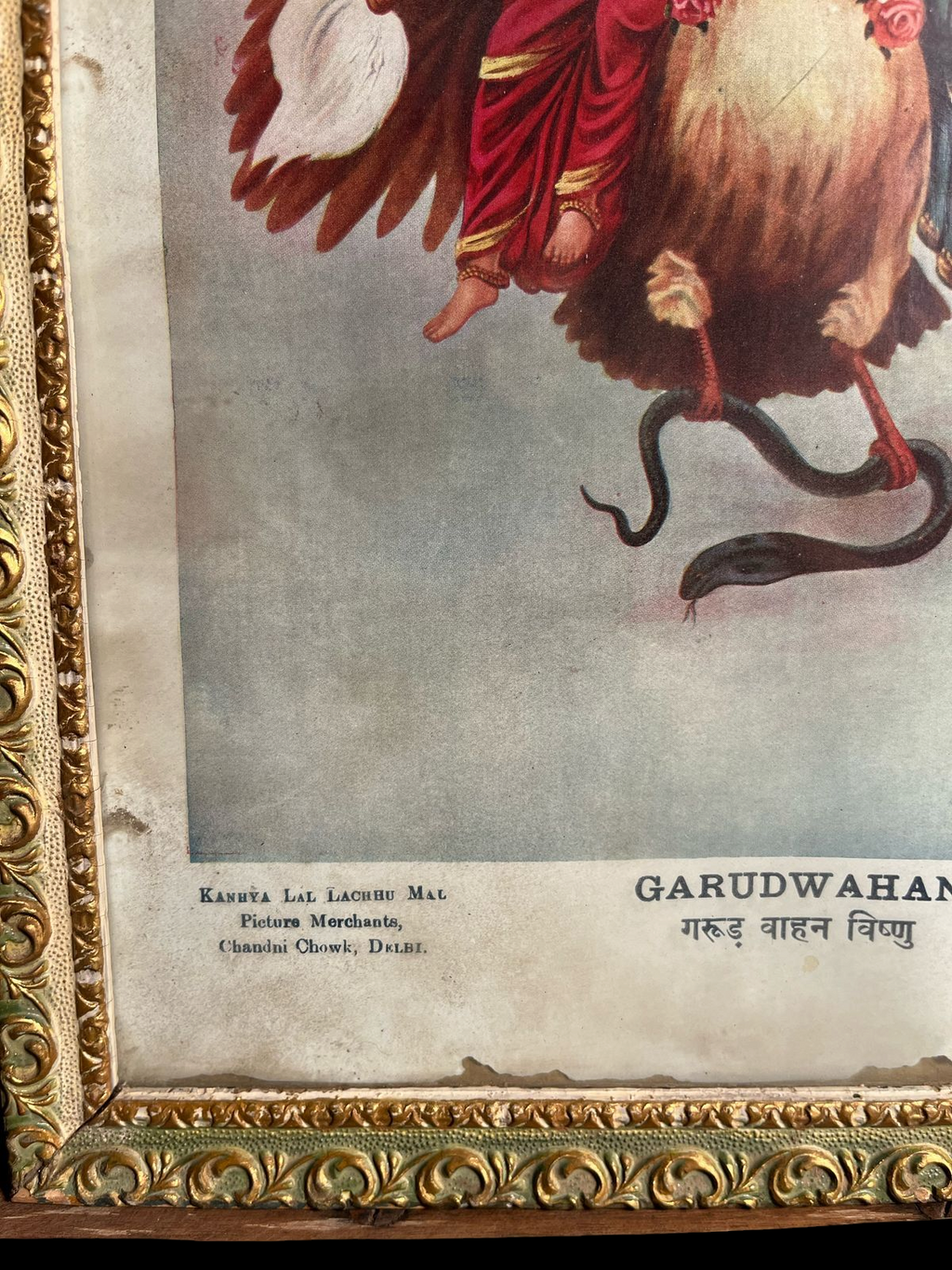 Original Vintage Oleograph – Garudwahan Vishnu (Kanhya Lal Lachhu Mal, Delhi)