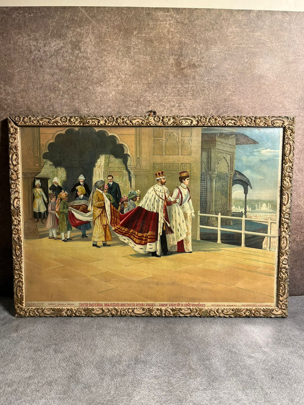 Rare Antique Ravi Varma Press Oleograph (Registered No. 176) – “Their Imperial Majesties And Their Royal Pages” | Anant Shivaji Desai Publication | Original Ornate Frame