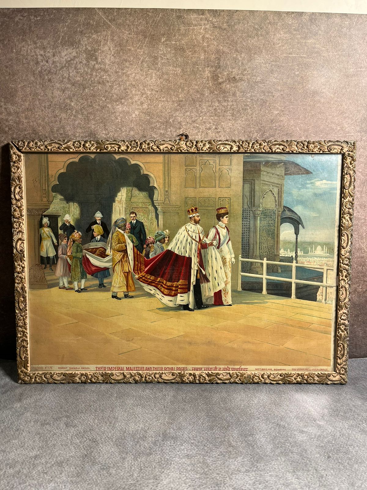 Rare Antique Ravi Varma Press Oleograph (Registered No. 176) – “Their Imperial Majesties And Their Royal Pages” | Anant Shivaji Desai Publication | Original Ornate Frame