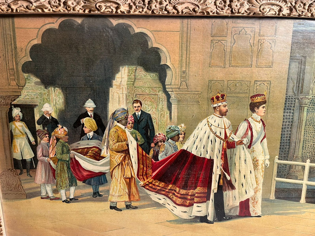 Rare Antique Ravi Varma Press Oleograph (Registered No. 176) – “Their Imperial Majesties And Their Royal Pages” | Anant Shivaji Desai Publication | Original Ornate Frame