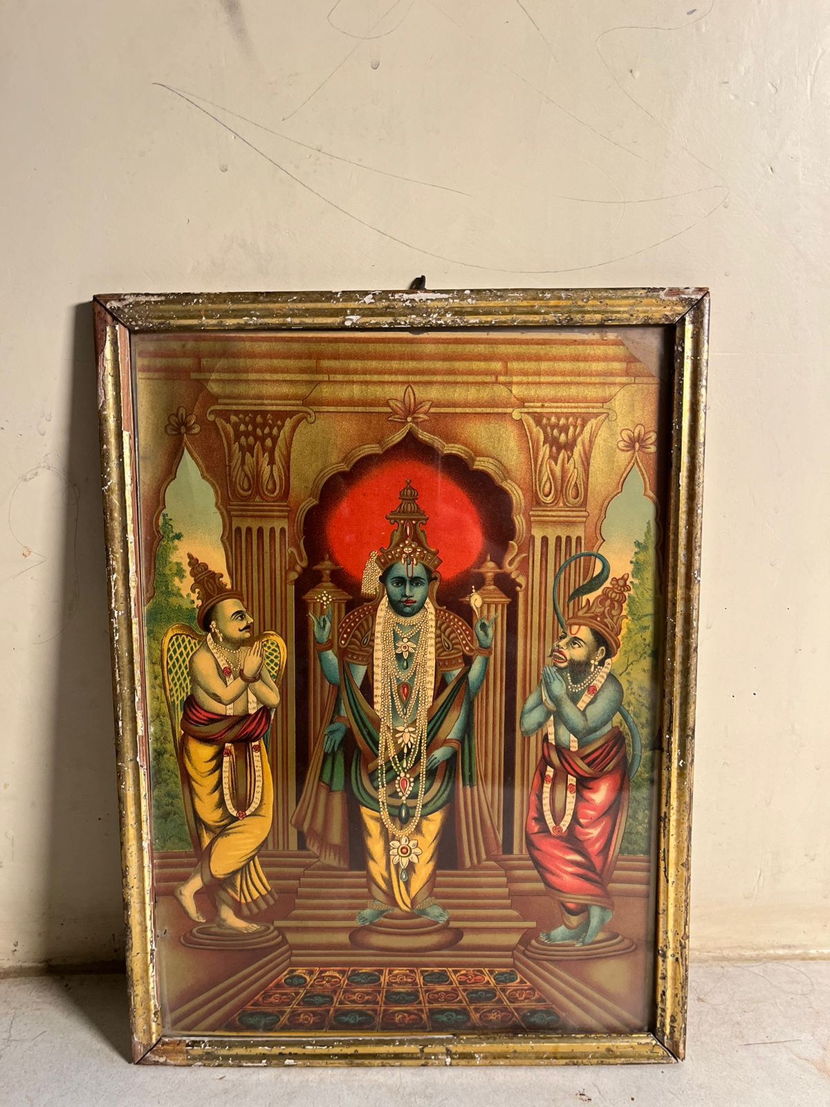 Vintage Religious Artwork – Temple Scene with Original Frame