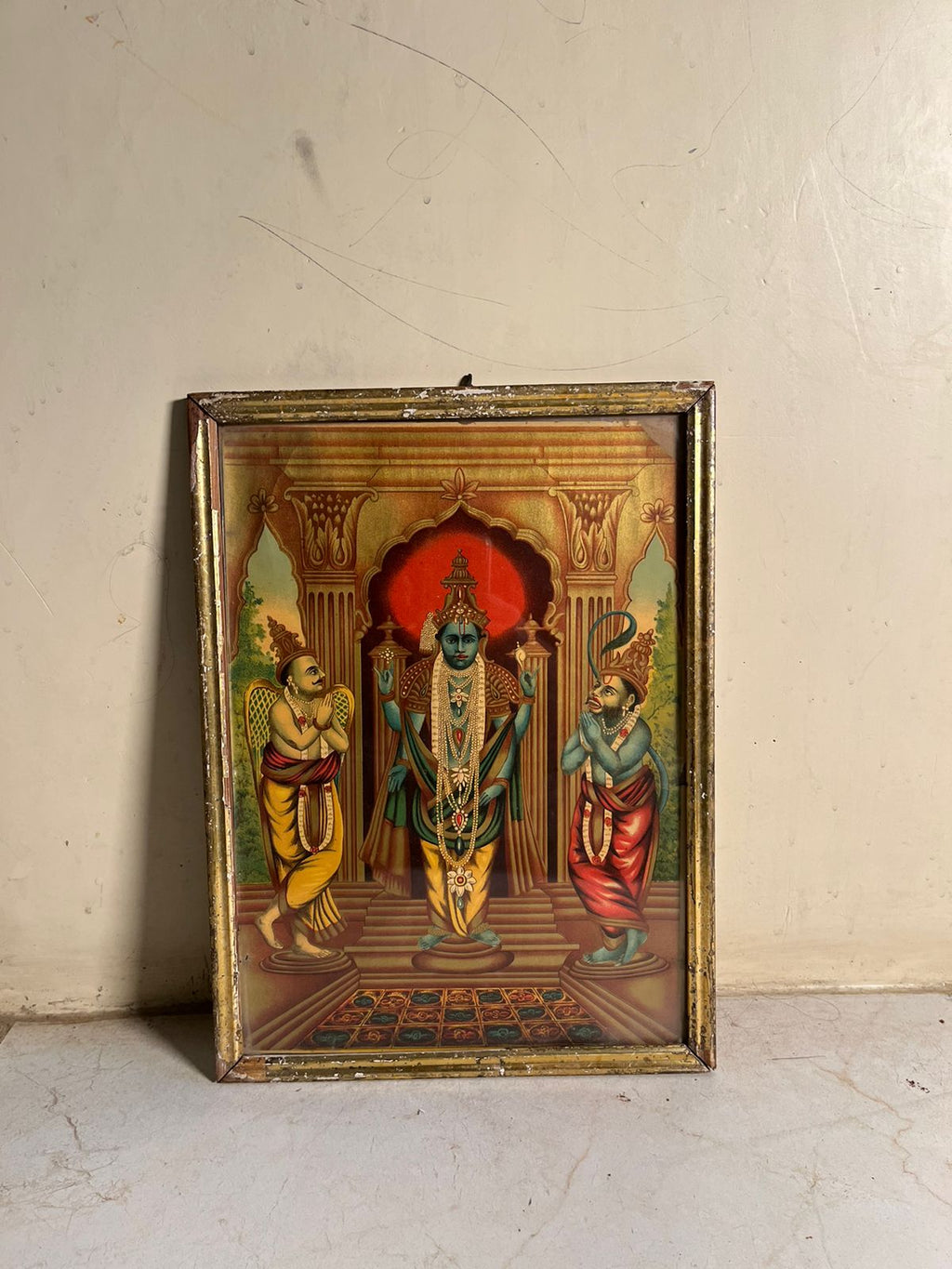 Vintage Religious Artwork – Temple Scene with Original Frame
