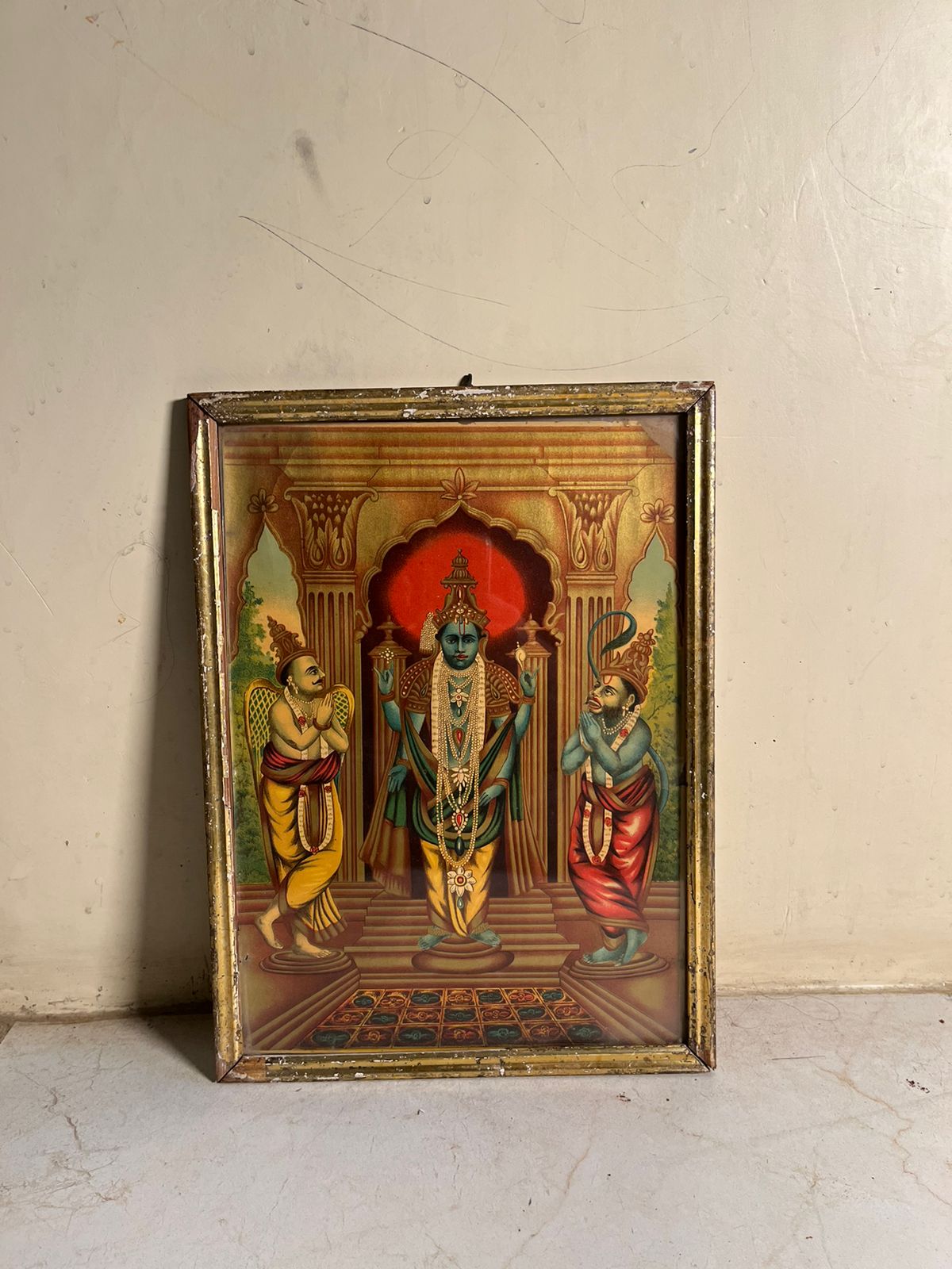 Vintage Religious Artwork – Temple Scene with Original Frame