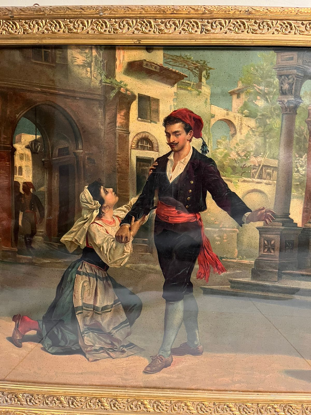 Antique European Romantic Scene Oleograph (120+ Years Old) – Extra Large