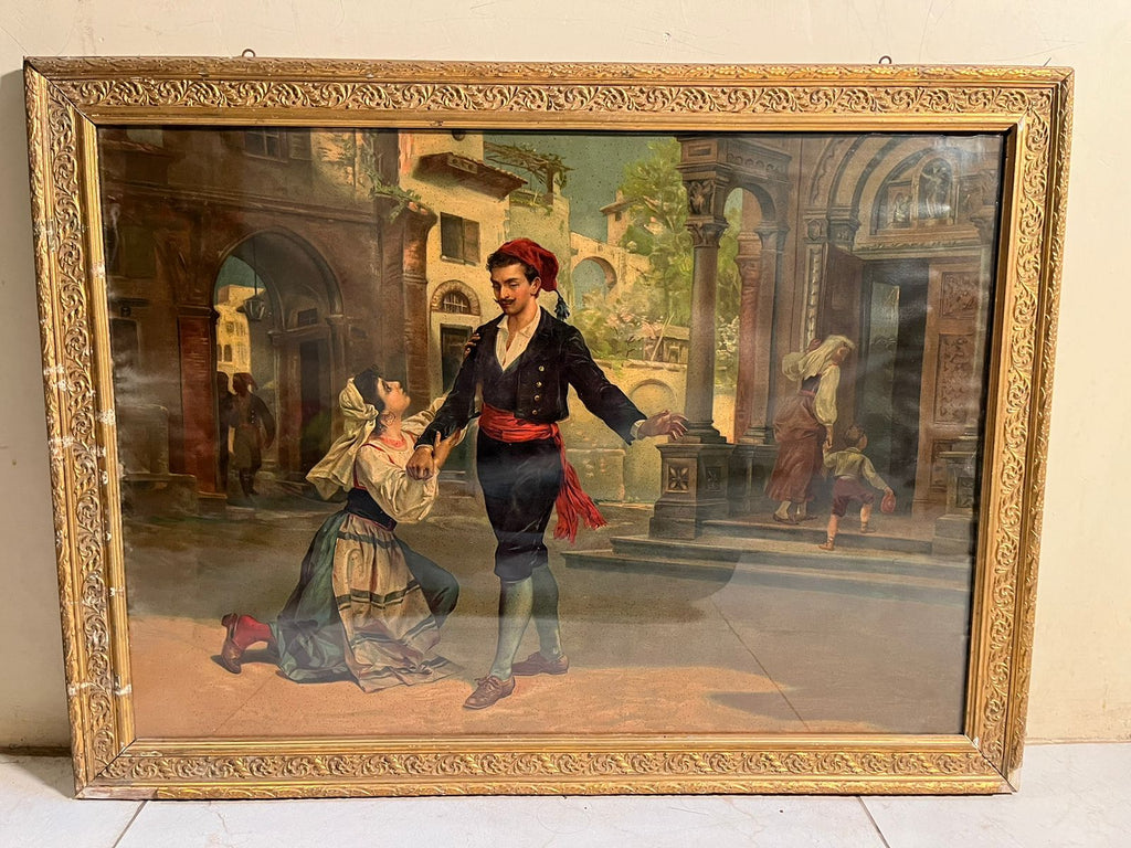 Antique European Romantic Scene Oleograph (120+ Years Old) – Extra Large
