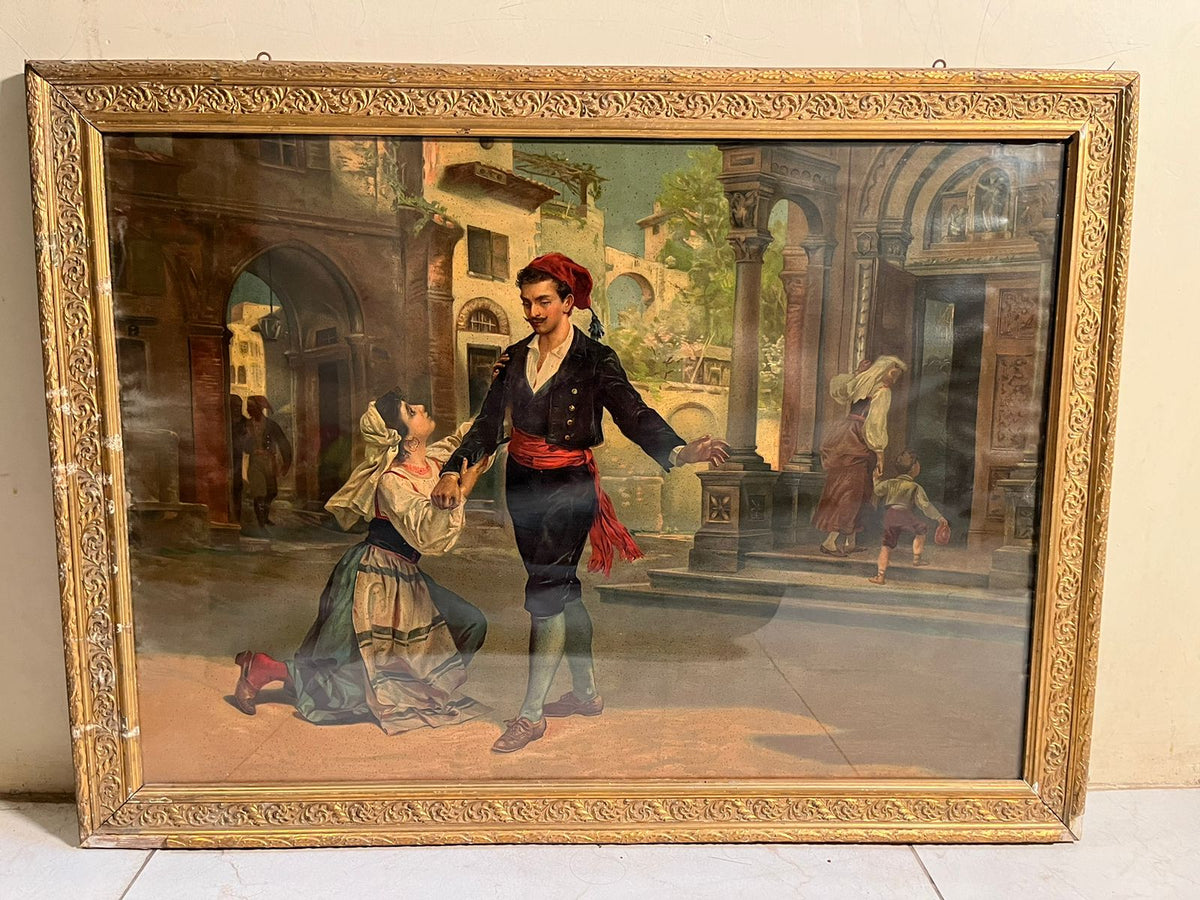 Antique European Romantic Scene Oleograph (120+ Years Old) – Extra Large