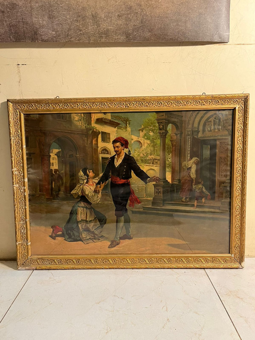 Antique European Romantic Scene Oleograph (120+ Years Old) – Extra Large