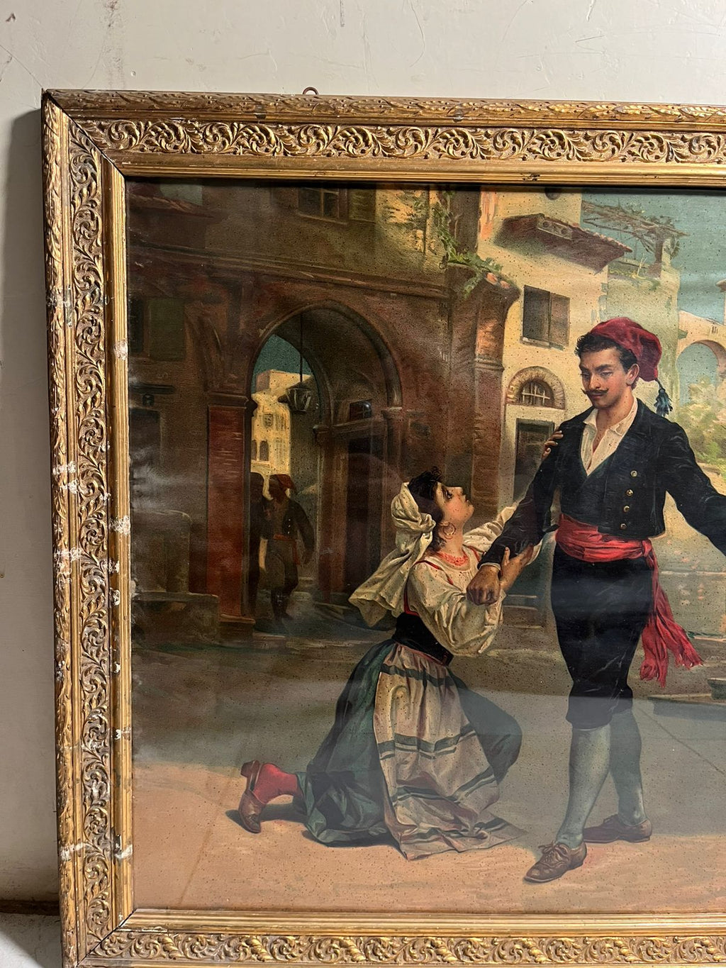 Antique European Romantic Scene Oleograph (120+ Years Old) – Extra Large