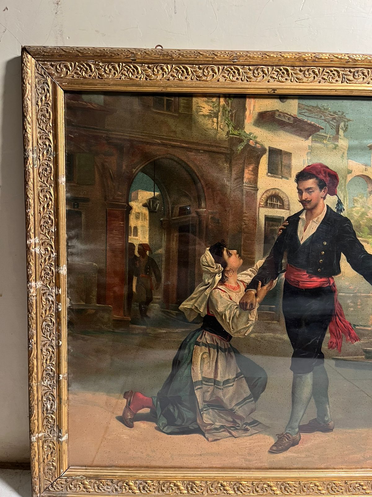 Antique European Romantic Scene Oleograph (120+ Years Old) – Extra Large