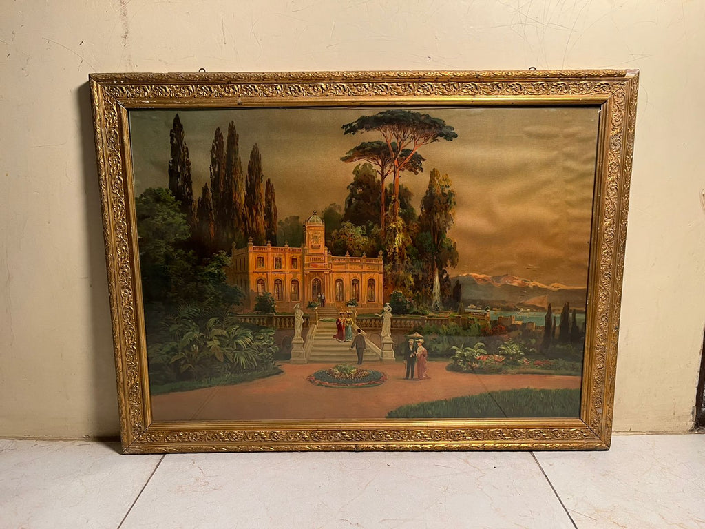 Antique European Palace Landscape Oleograph (120+ Years Old) – Extra Large Masterpiece