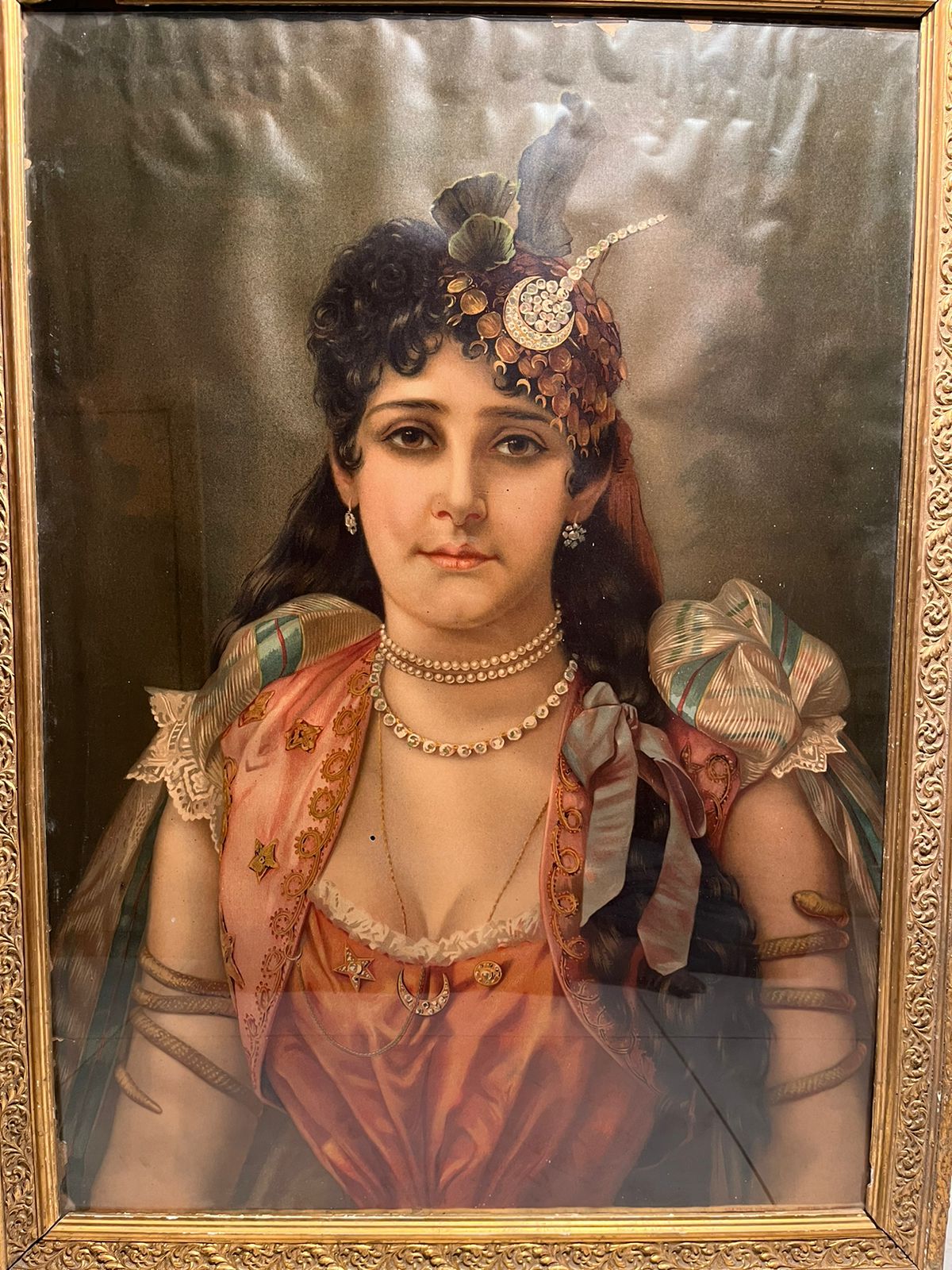 Antique European Lady Portrait Oleograph (120+ Years Old) – Royal Vintage Artwork