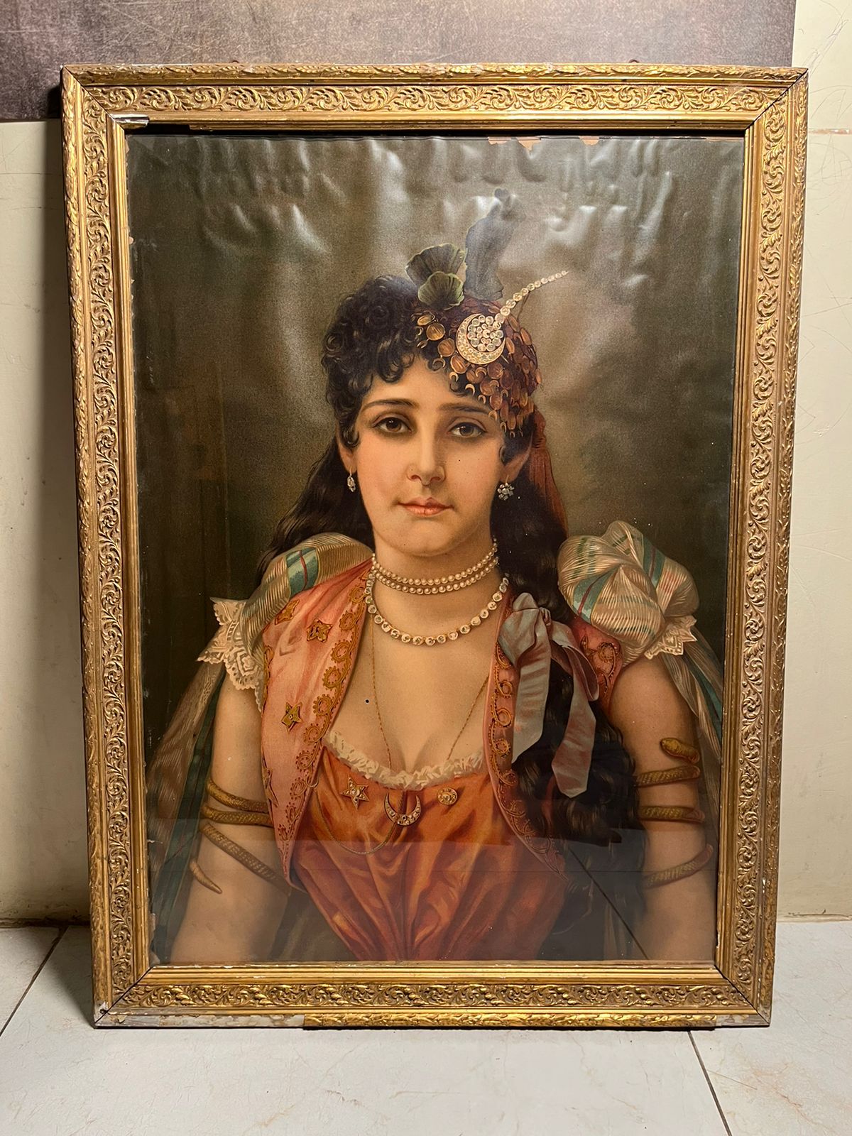 Antique European Lady Portrait Oleograph (120+ Years Old) – Royal Vintage Artwork