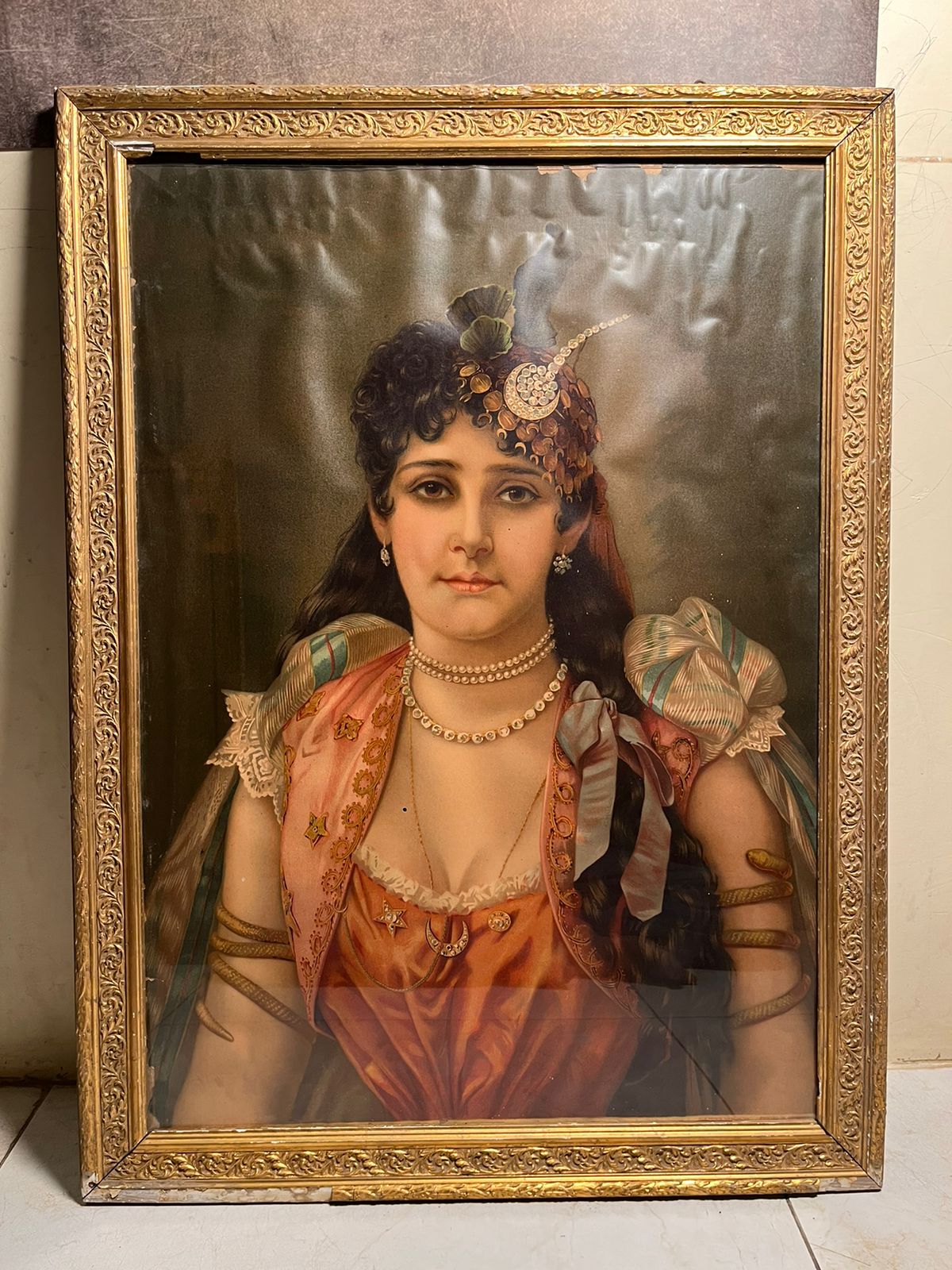 Antique European Lady Portrait Oleograph (120+ Years Old) – Royal Vintage Artwork