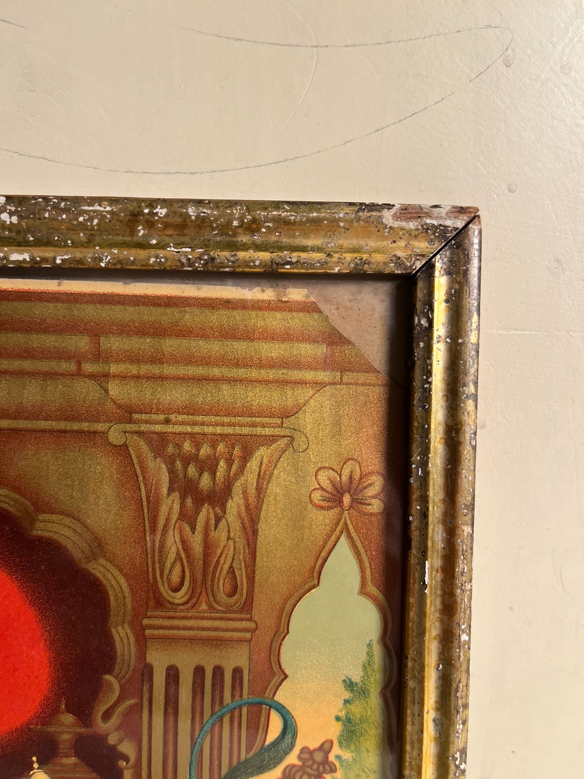 Vintage Religious Artwork – Temple Scene with Original Frame