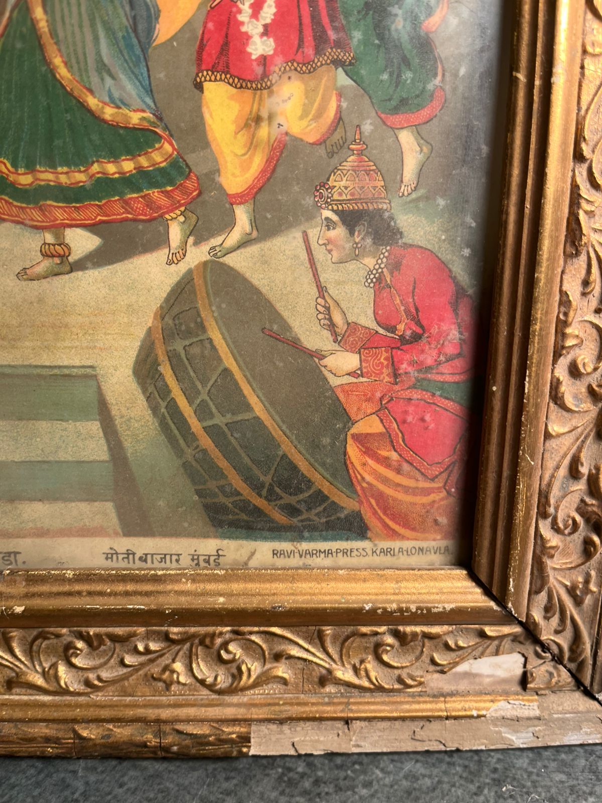 Rare Antique Ravi Varma Press Oleograph – Rasleela / Ras Kreeda (Krishna with Gopis)