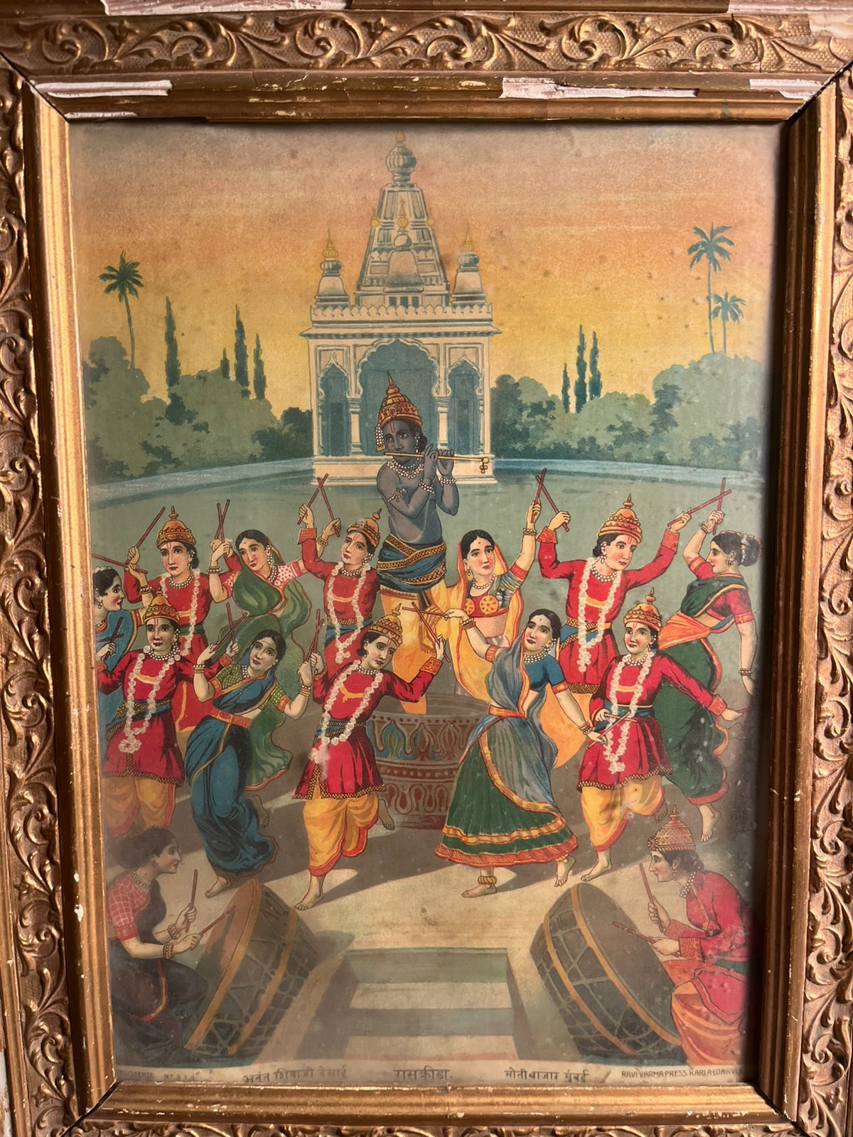 Rare Antique Ravi Varma Press Oleograph – Rasleela / Ras Kreeda (Krishna with Gopis)