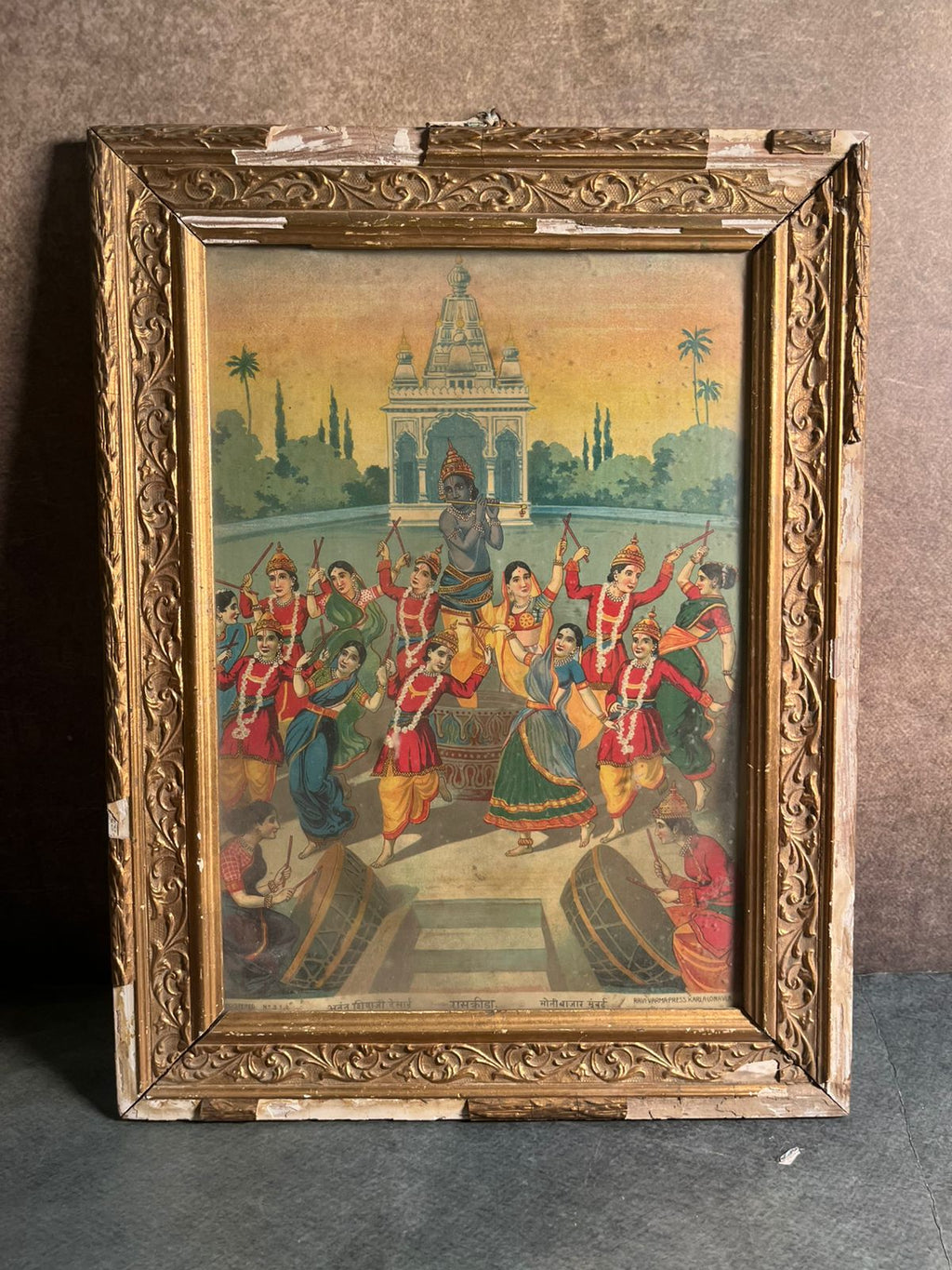 Rare Antique Ravi Varma Press Oleograph – Rasleela / Ras Kreeda (Krishna with Gopis)
