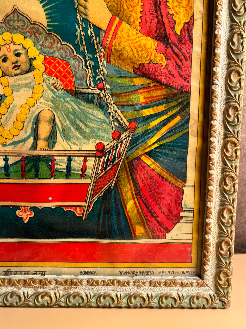 Rare Antique Shri Ram Janma Oleograph – Ravi Varma Press, Malavli | Registered No. 513 | Early 20th Century