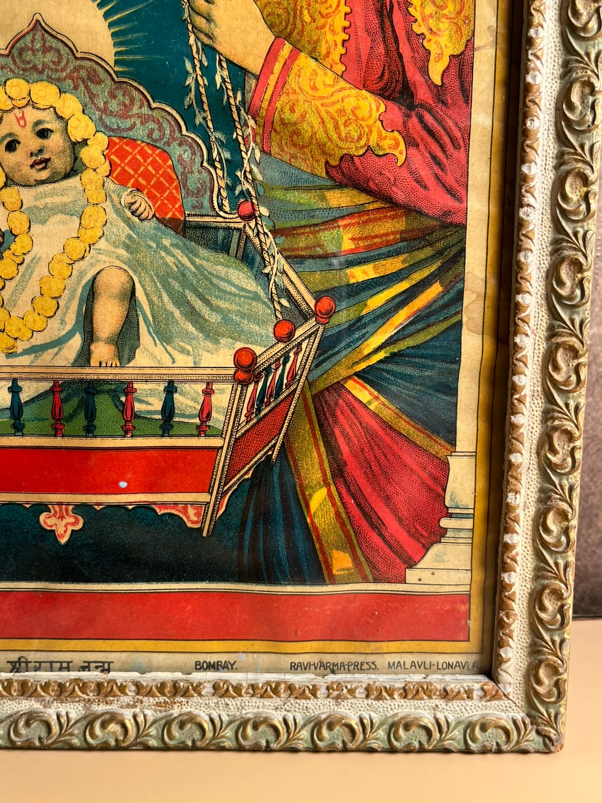 Rare Antique Shri Ram Janma Oleograph – Ravi Varma Press, Malavli | Registered No. 513 | Early 20th Century