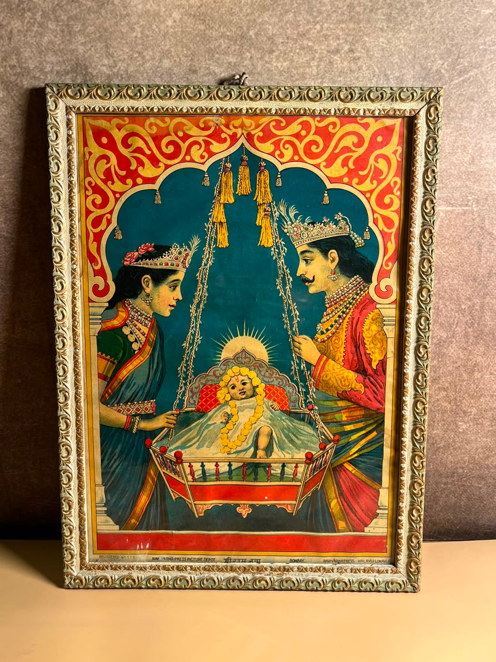 Rare Antique Shri Ram Janma Oleograph – Ravi Varma Press, Malavli | Registered No. 513 | Early 20th Century