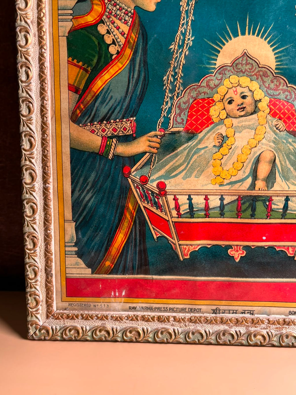 Rare Antique Shri Ram Janma Oleograph – Ravi Varma Press, Malavli | Registered No. 513 | Early 20th Century