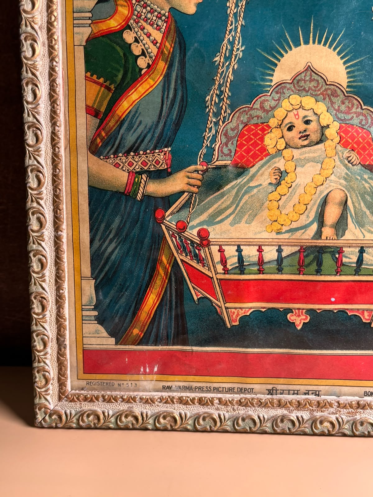 Rare Antique Shri Ram Janma Oleograph – Ravi Varma Press, Malavli | Registered No. 513 | Early 20th Century