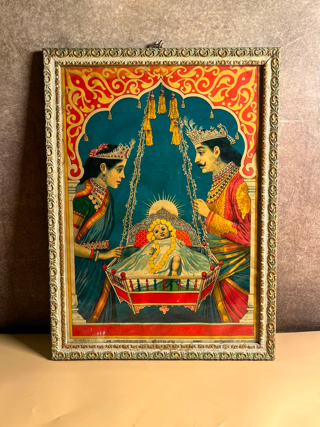 Rare Antique Shri Ram Janma Oleograph – Ravi Varma Press, Malavli | Registered No. 513 | Early 20th Century