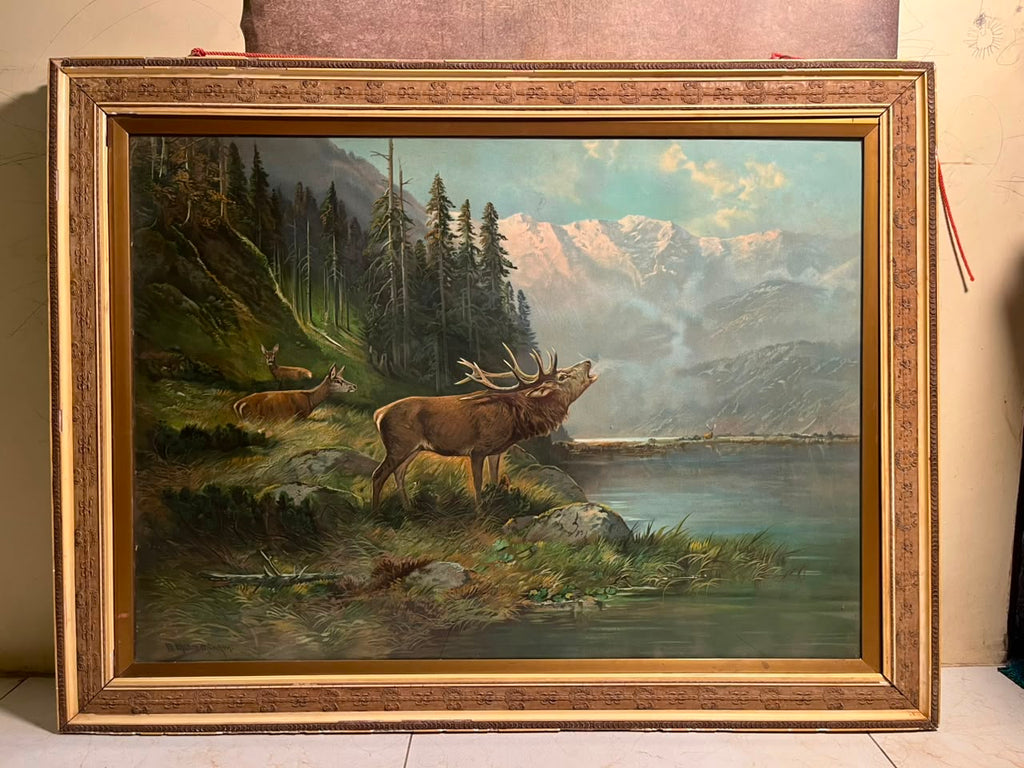 Vintage German Alpine Stag Landscape Signed: M. Müller, München (Munich, Germany)