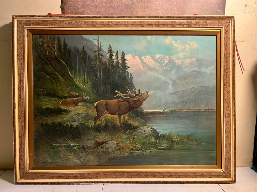 Vintage German Alpine Stag Landscape Signed: M. Müller, München (Munich, Germany)