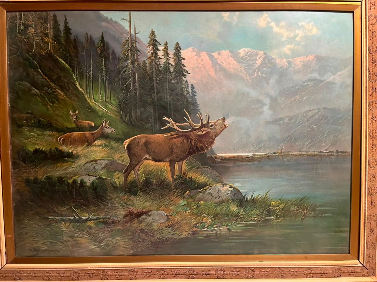 Vintage German Alpine Stag Landscape Signed: M. Müller, München (Munich, Germany)