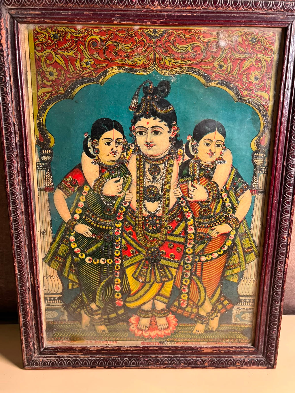 Vintage Devotional Oleograph Print with Central Deity and Attendant Figures – 10 x 14 Inches