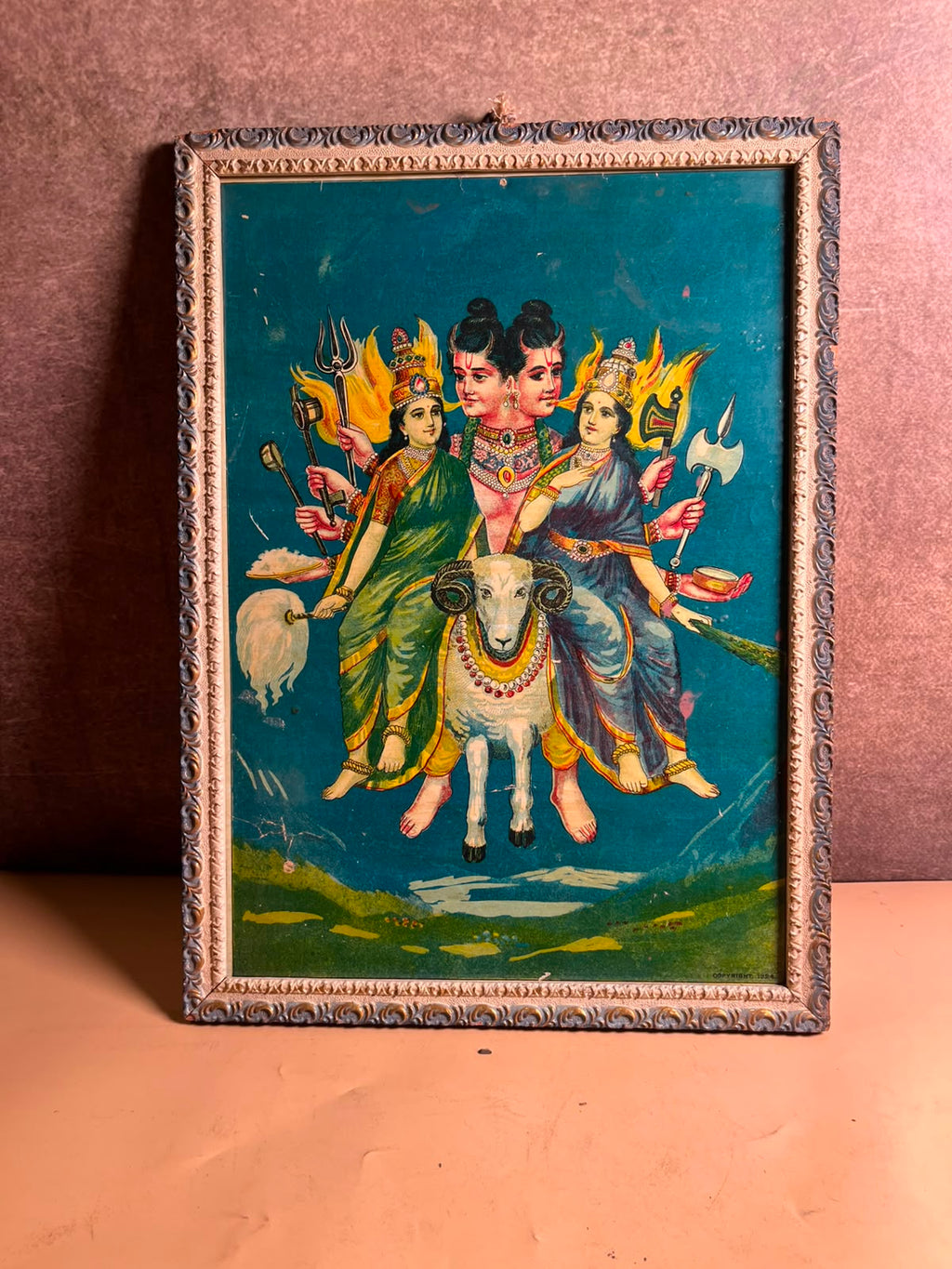 Vintage Composite Hindu Deity Oleograph Print in Old Frame – 10 x 14 Inches