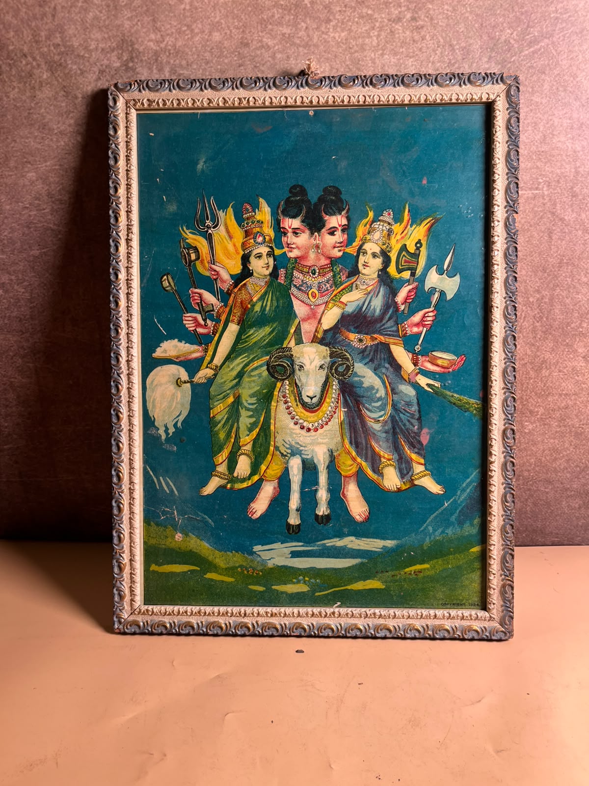 Vintage Composite Hindu Deity Oleograph Print in Old Frame – 10 x 14 Inches
