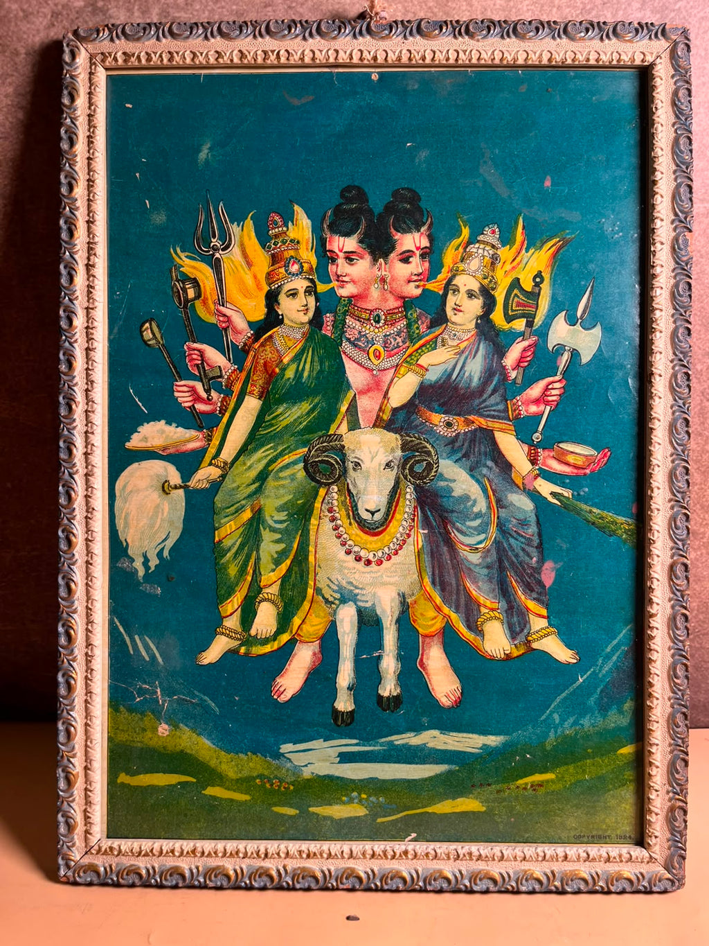Vintage Composite Hindu Deity Oleograph Print in Old Frame – 10 x 14 Inches
