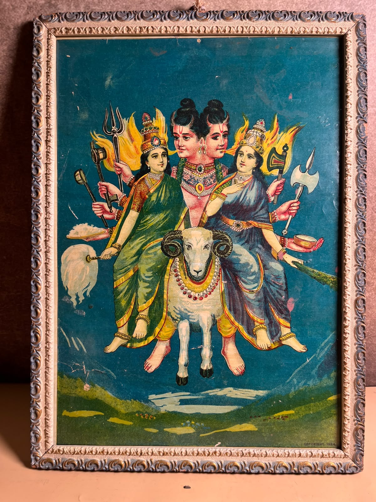 Vintage Composite Hindu Deity Oleograph Print in Old Frame – 10 x 14 Inches