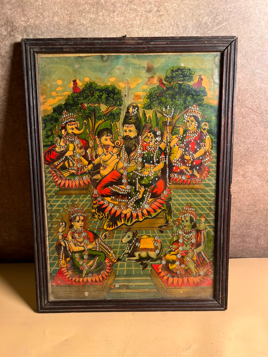 Vintage Shiv Panchayatan / Shiv Parivar Oleograph Print – 10 x 14 Inches