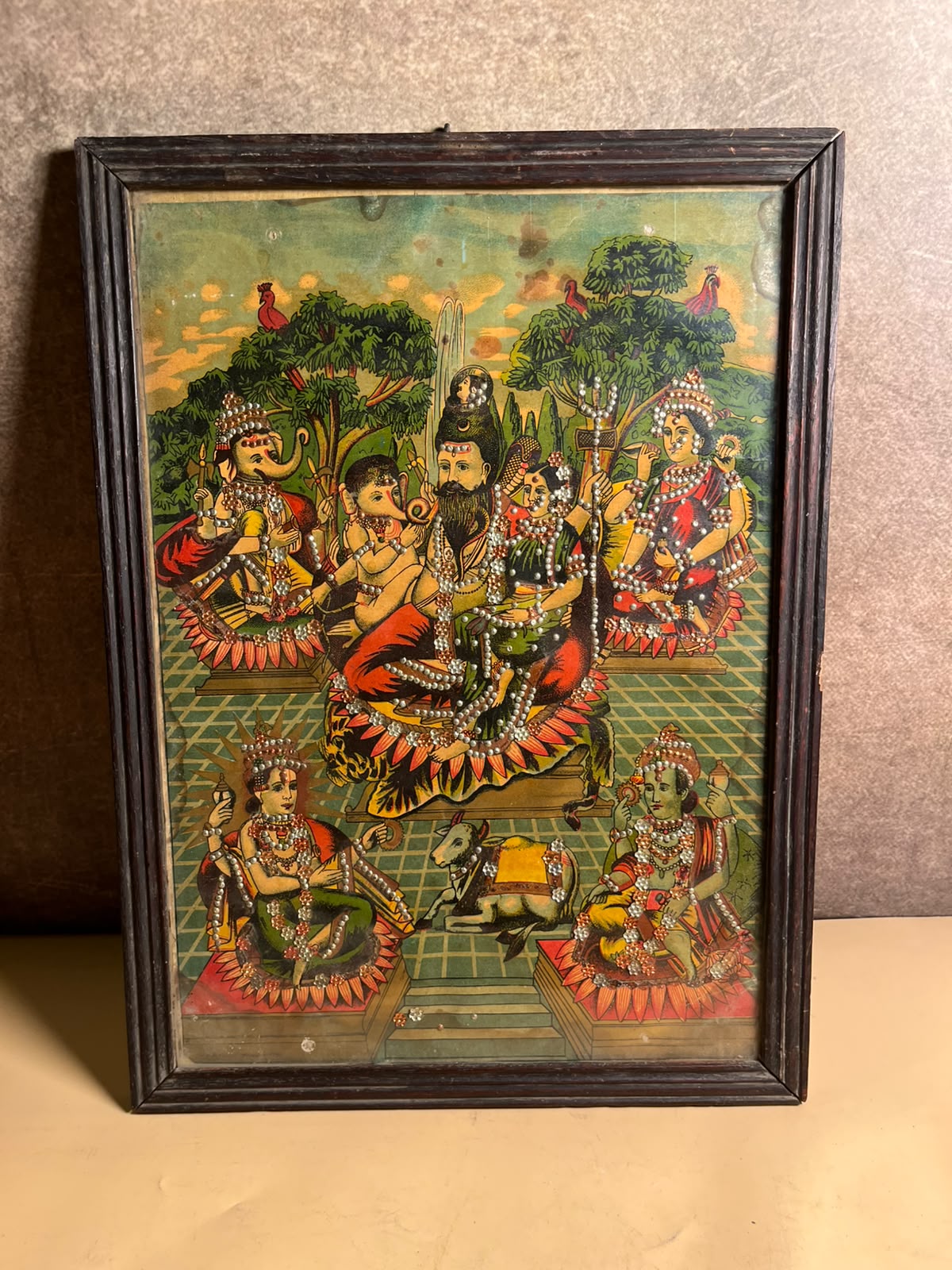 Vintage Shiv Panchayatan / Shiv Parivar Oleograph Print – 10 x 14 Inches