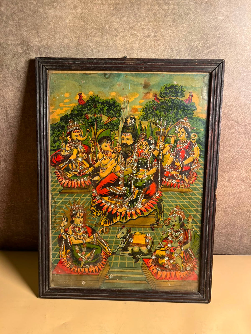 Vintage Shiv Panchayatan / Shiv Parivar Oleograph Print – 10 x 14 Inches