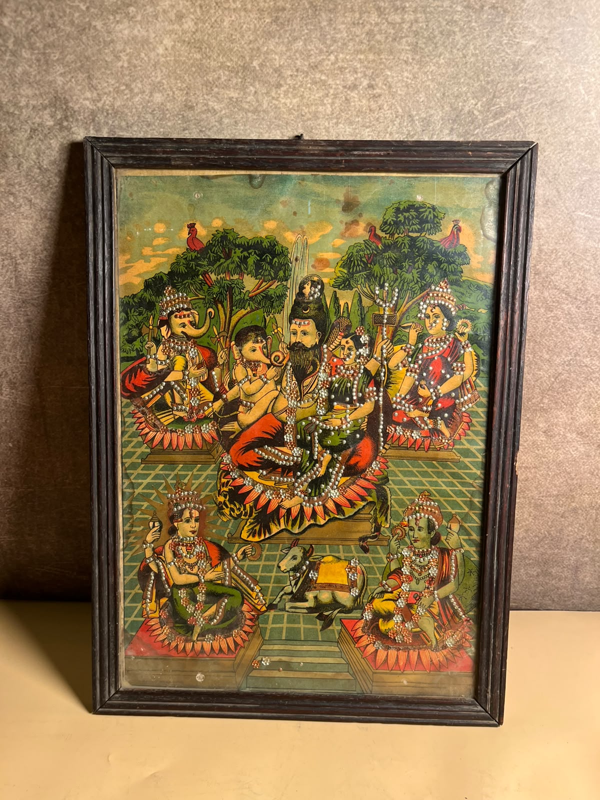 Vintage Shiv Panchayatan / Shiv Parivar Oleograph Print – 10 x 14 Inches